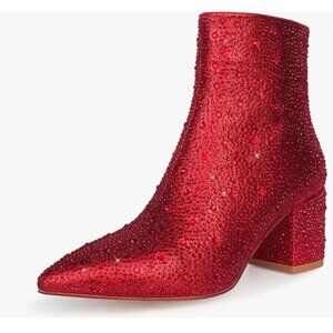 Red Rhinestone Pointed Toe Crystal Chunky Heel Side Zipper Wedding Ankle Boot